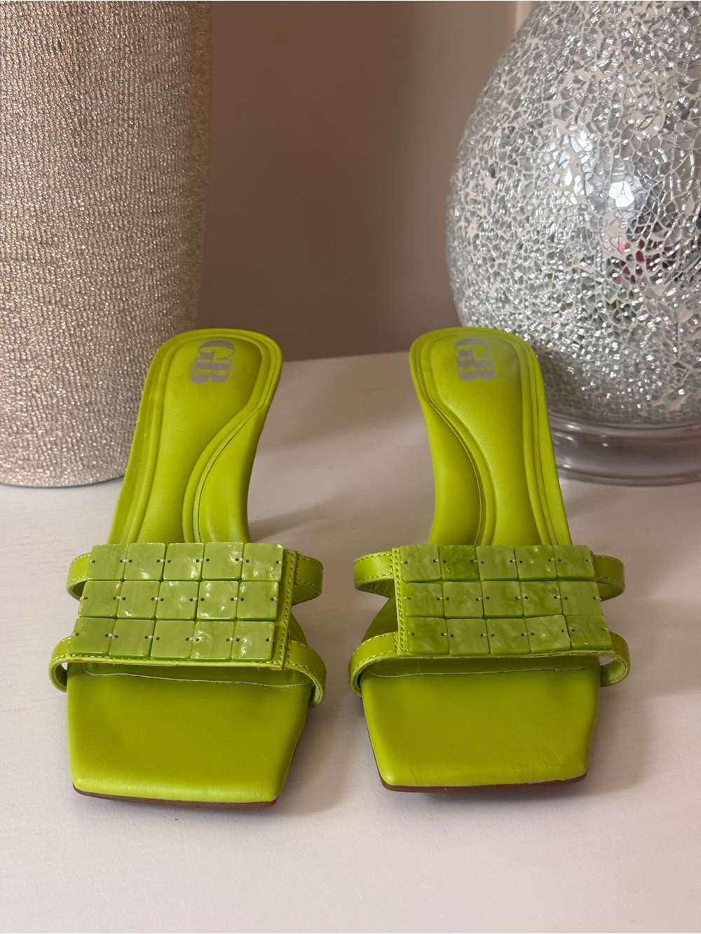 Gianni Bini Neon Lime Woven Strap Square-Toe Mules
